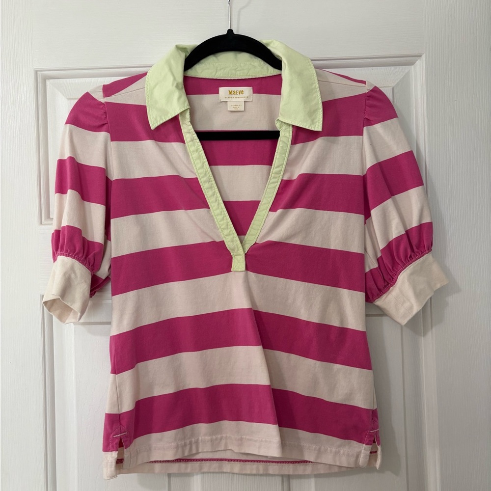 Maeve for Anthropologie Pink and Cream Striped polo